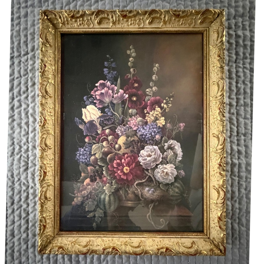 Vintage Floral Still Life Art Print Ornate Gold Baroque Frame 11.5x15 Wall Decor
